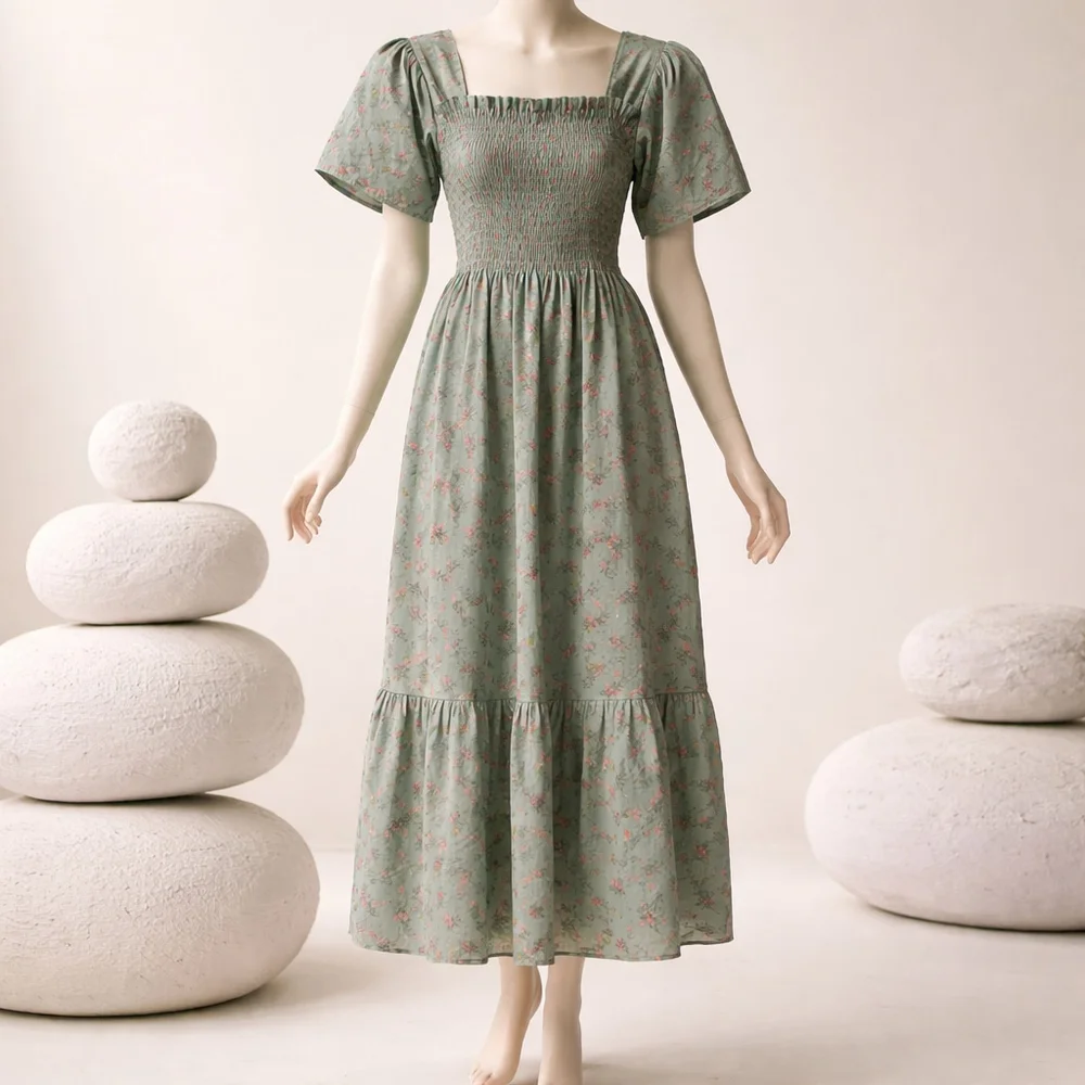 0125 Beautiful blue cottage-core dress with pink posies. Size- S/M - Picture 3 of 8